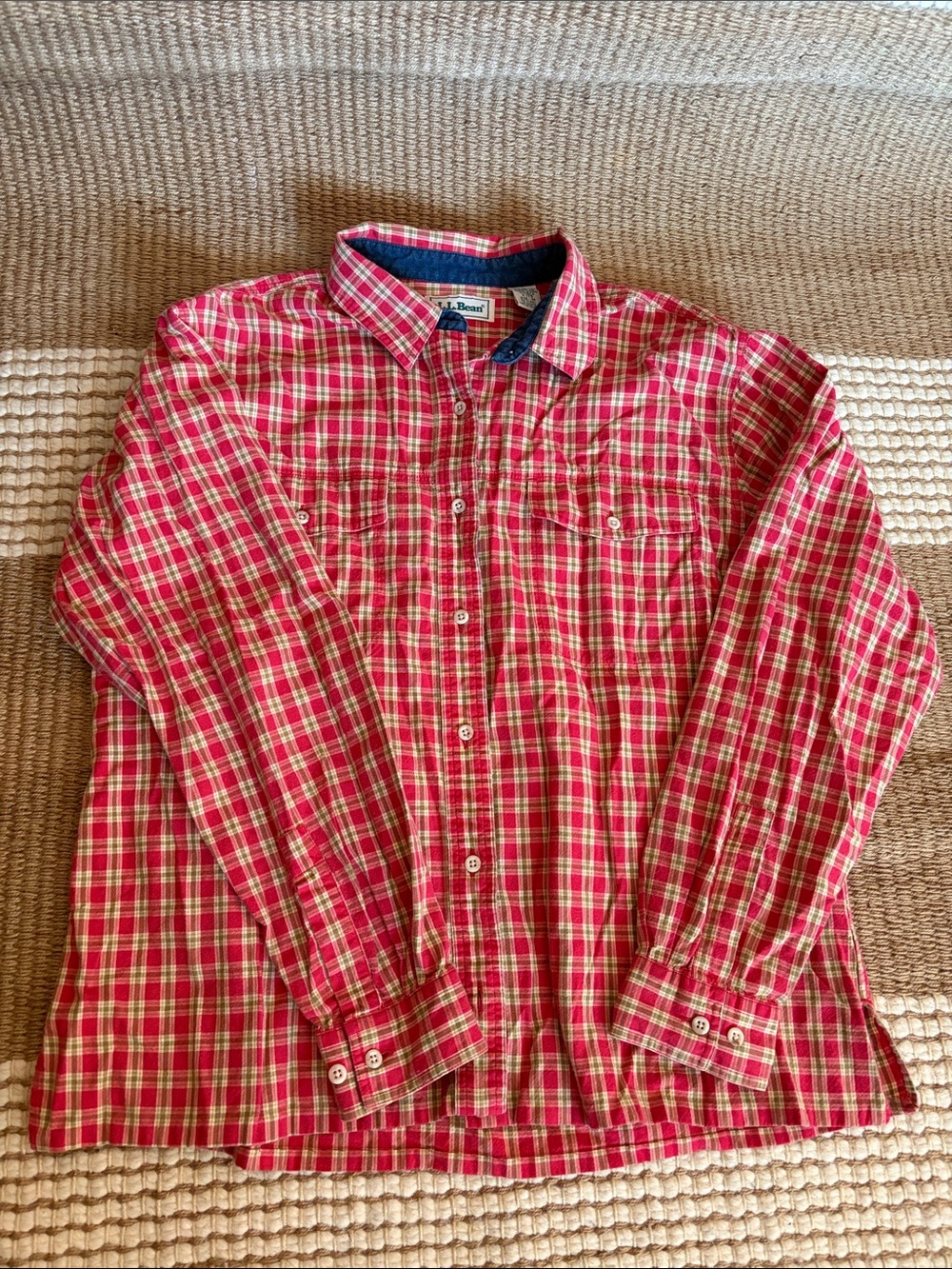 L.L. Bean Red and White Plaid Cotton Button-Down Shirt Vintage